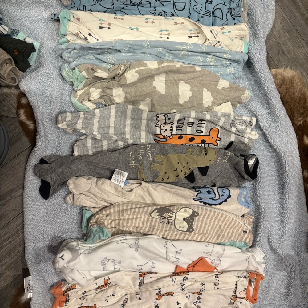 Cloud Island Blue and Gray Footies Soft One Pieces